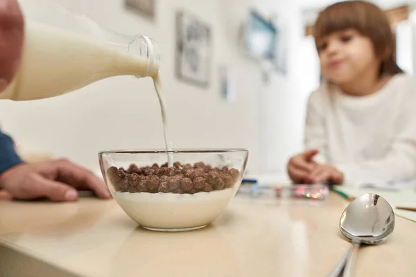 专注于部分父亲把牛奶倒入装有巧克力片的碗里 而他模糊的高加索小儿子则看着家里厨房桌上的男人 父亲和养育子女 现代家庭生活方式 — 图库照片