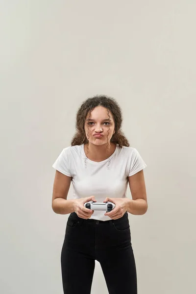 Focused Caucasian Teenage Girl Playing Video Game Joystick Curly Female — Stock Photo, Image