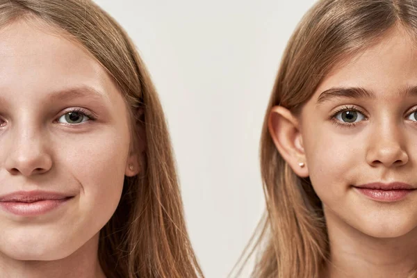 Volti Oscuri Adolescente Bambina Che Guardano Macchina Fotografica Parziale Sorridenti — Foto Stock