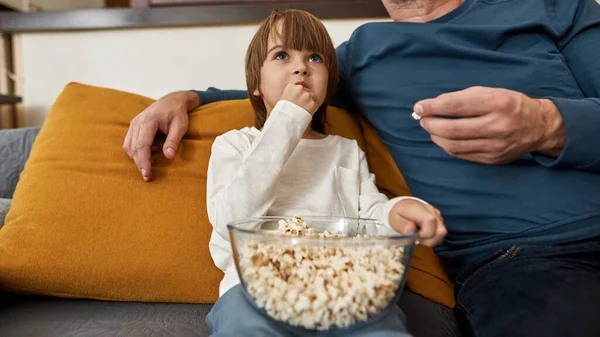 Geschnitten Vater Und Europäischen Sohn Fernsehen Oder Film Auf Dem — Stockfoto