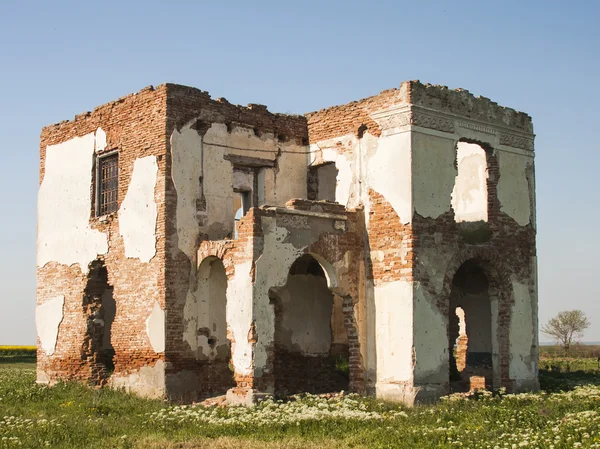 Casa arruinada con árbol junto a ella en el campo —  Fotos de Stock