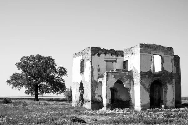 Black and white ruined house — Stock Photo, Image