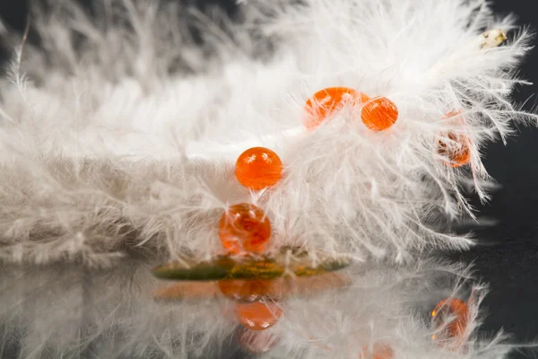 Pluma de gallina de Guinea con gota de agua naranja y fondo oscuro —  Fotos de Stock