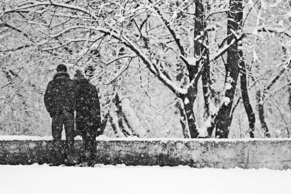 Śnieg krajobraz z przechodzących ludzi — Zdjęcie stockowe