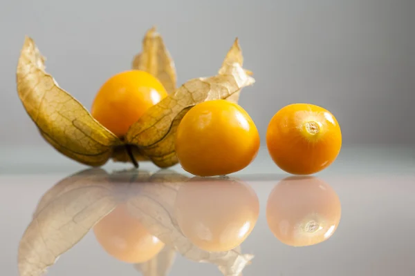Closeup physalis peruviana φρούτων με ανοιχτό γκρι φόντο και αντανακλάσεις — Φωτογραφία Αρχείου