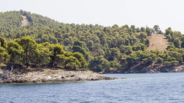 Grecki krajobraz z woda, drzewa i góry — Zdjęcie stockowe