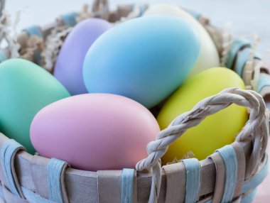 Pastel renkte Paskalya yumurtaları hasır bir sepette yatıyor.. .