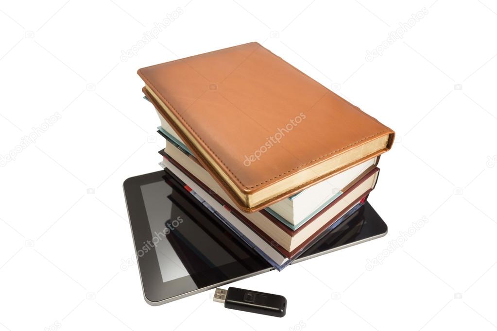 Ipad with books and flash on a white background