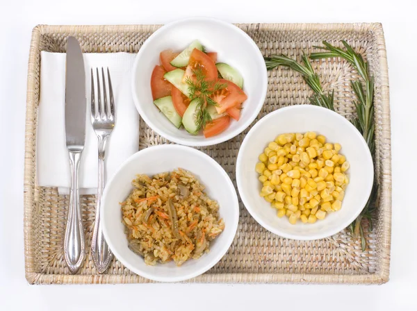 Three bowls with vegetarian dishes — Stock Photo, Image