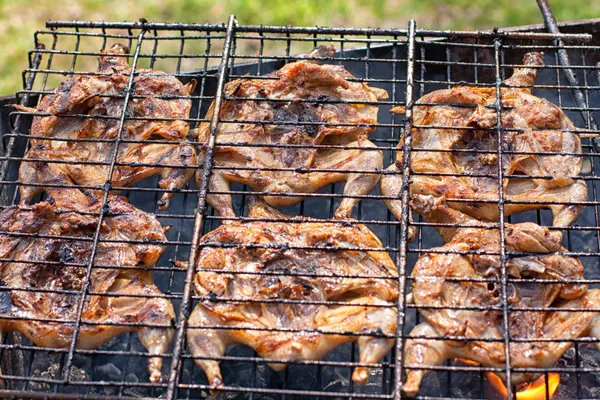 Preparation of marinated quail on the grill — Stock Photo, Image