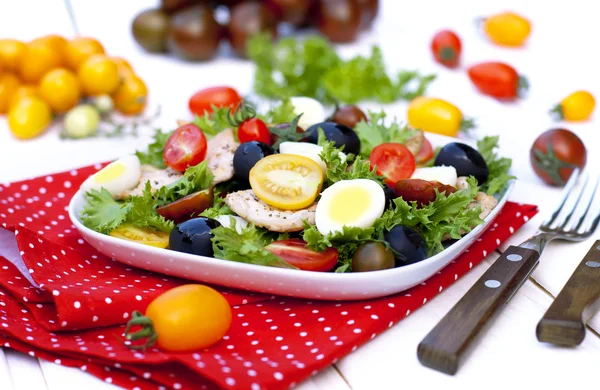 Салат с овощами и куриной грудью — стоковое фото