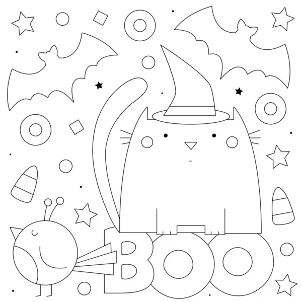 Boo Página Para Colorir Ilustração Vetorial Preto Branco Gato Pássaro — Vetor de Stock