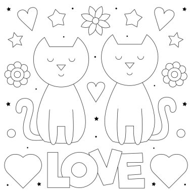 Love. Coloring page. Black and white vector illustration of a couple of cats