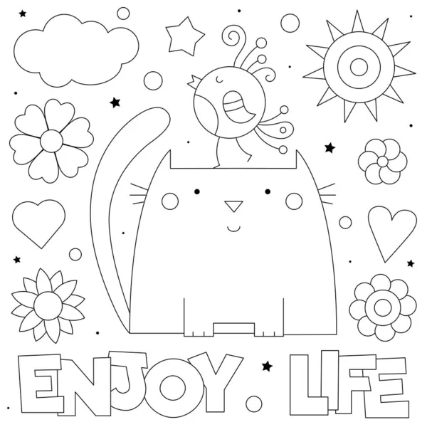 Enjoy Life Coloring Page Black White Vector Illustration Cat Bird — ストックベクタ