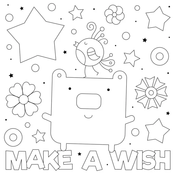 Make Wish Coloring Page Black White Vector Illustration Bear Bird — Stockový vektor