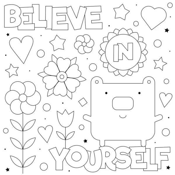 Believe Yourself Coloring Page Black White Vector Illustration Bear Flowers Vektorová Grafika