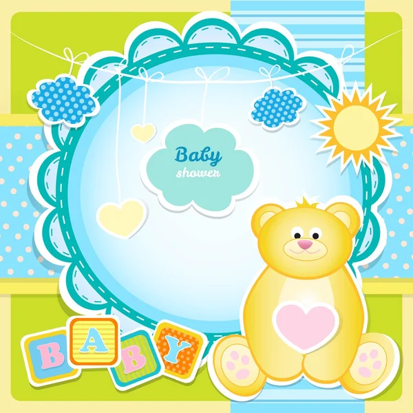 Cartão de chegada do bebê com ursinho Teddy — Vetor de Stock