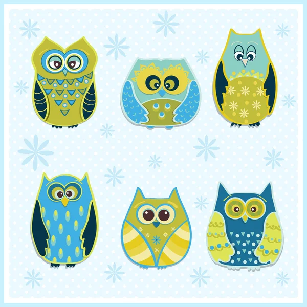 Set of six cartoon owls — Stock Vector