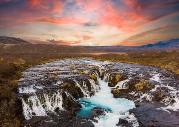 Den Bruarfoss Vattenfall Södra Island Med Färgglad Solnedgång Ett Blått — Stockfoto