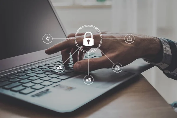 Datenschutz Cyber Security Privatsphäre Geschäft Mit Weiblicher Hand Zeigt Mit — Stockfoto