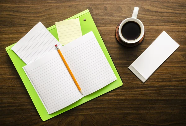 Caderno, papéis e café — Fotografia de Stock