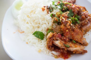 Baharatlı tavuk salatalı pilav. Popüler Tayland yemekleri.