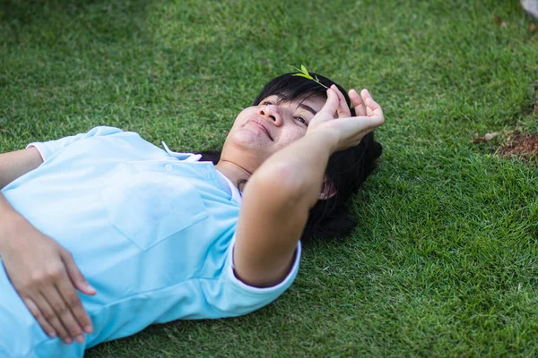 Asian Woman Sleeping Green Grass Relax — Stock Photo, Image