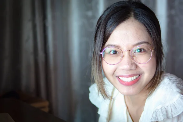 Asian Woman Glasses Smiling Happily — 스톡 사진