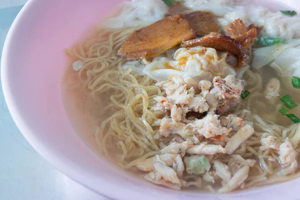 Noodle Soups Dumplings Crab Meat Red Pork Pink Bowl — Stock Photo, Image