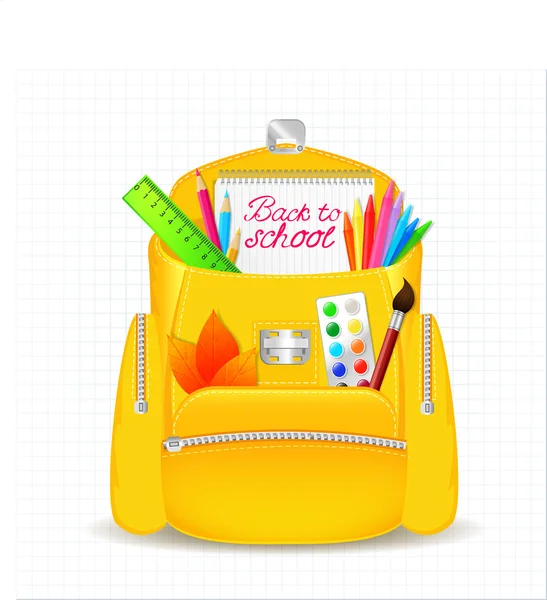 Sac scolaire jaune avec fournitures scolaires — Image vectorielle