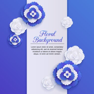 Romantic floral background with 3d blue paper flowers and place for text