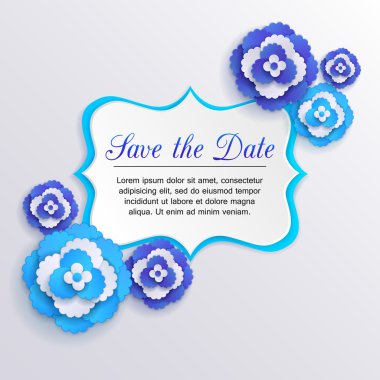 Romantic floral background with 3d blue paper flowers and place for text