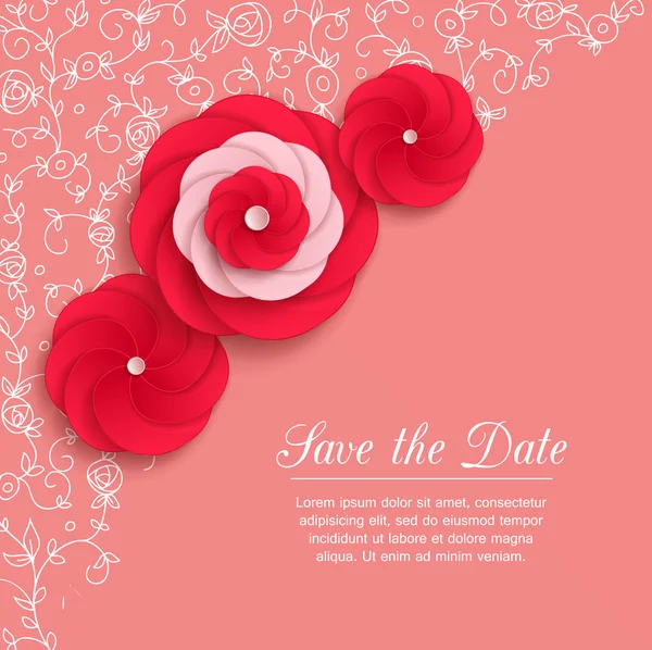 Romantyczny tło z 3d kwiaty czerwony papier i miejsce do tekstu — Wektor stockowy