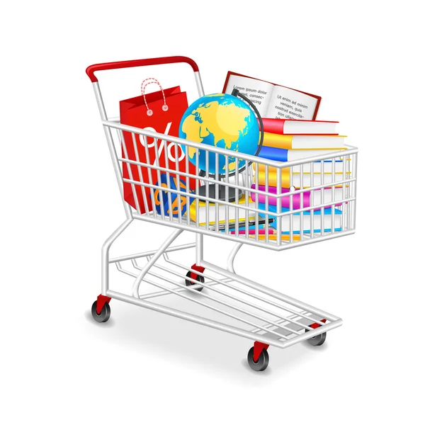 Isolated modern photorealistic shopping cart with school objects on white background — Stock Vector