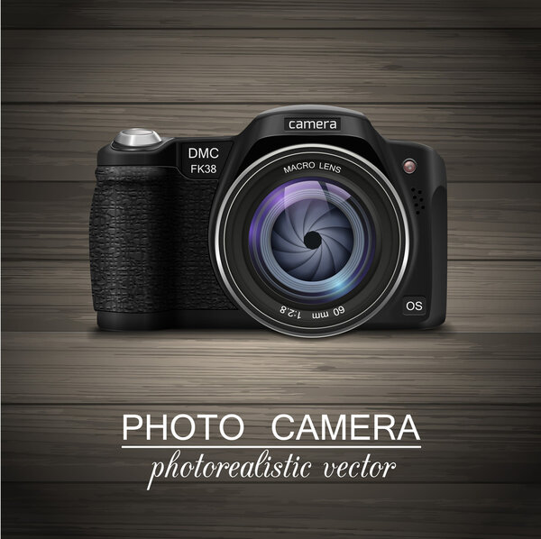 Isolated modern photorealistic photo camera with blue lens on wooden background. Vector illustration