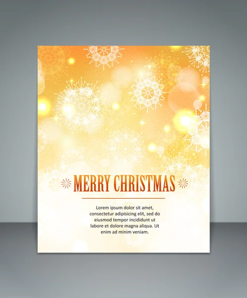 Elegant golden glimmered Christmas background with snowflakes and blurred bokeh lights — Stock Vector