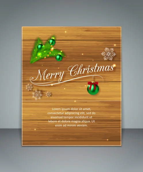 Creative glimmered typographic christmas flyer with fir tree branches, green balls and snowflakes on wooden background — Stock Vector