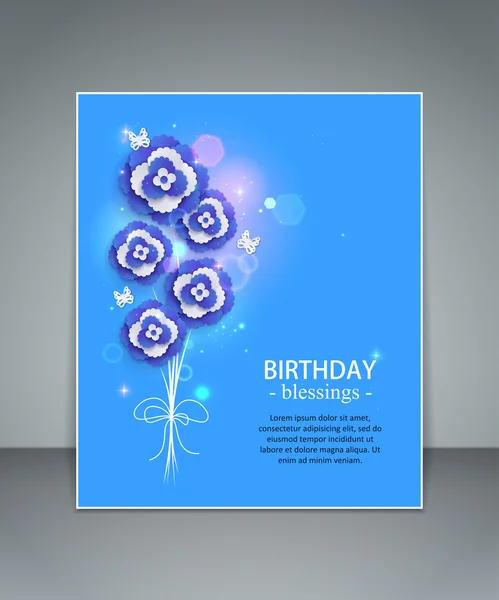 Birthday zegeningen floral vakantie blauwe achtergrond met blauw papier bloemen, wazig bokeh verlichting en een plek voor tekst — Stockvector