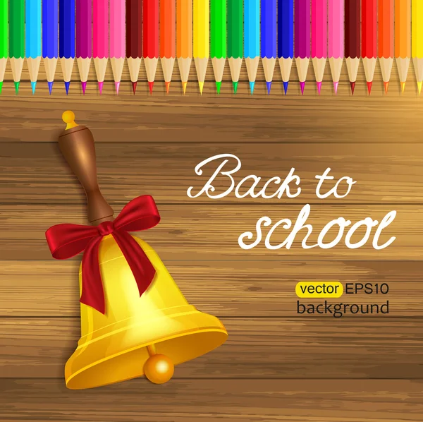 Tillbaka till skolan foto realistisk trä bakgrund med pennor och skolan bell — Stock vektor