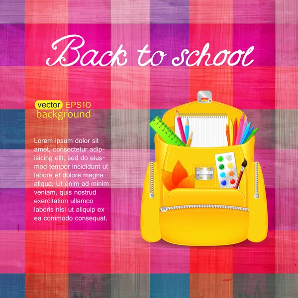 Back to school photo realistic textile background with school bag and place for tex — Stock Vector