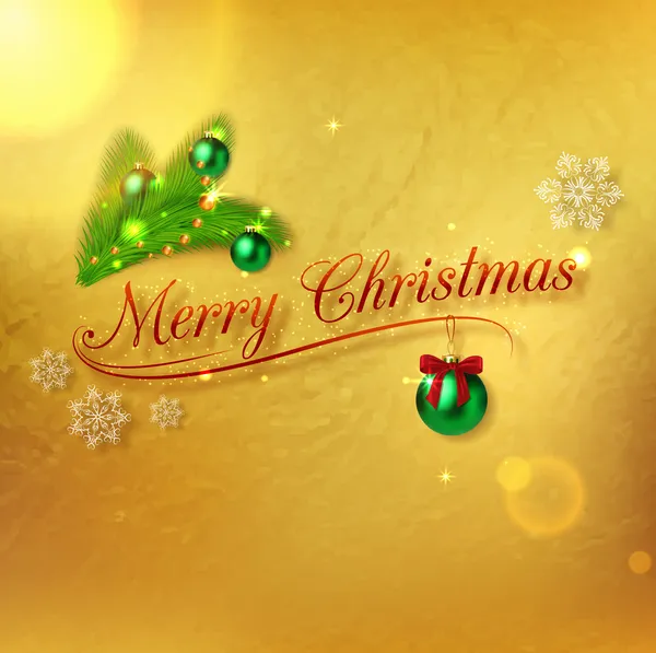 Etiqueta tipográfica de Natal com brunches de pinheiros, bolas verdes e flocos de neve sobre fundo dourado brilhante Vetores De Bancos De Imagens