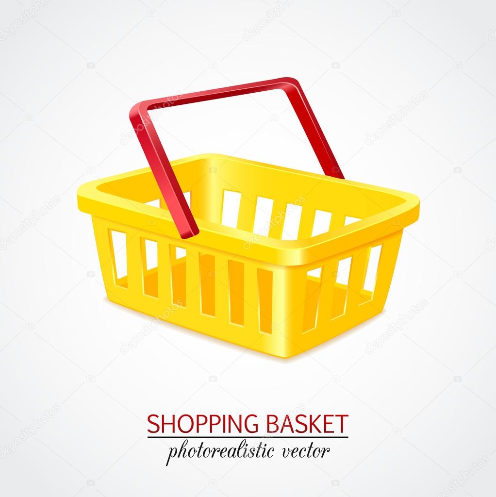 Isolated modern photorealistic yellow empty shopping basket on white background