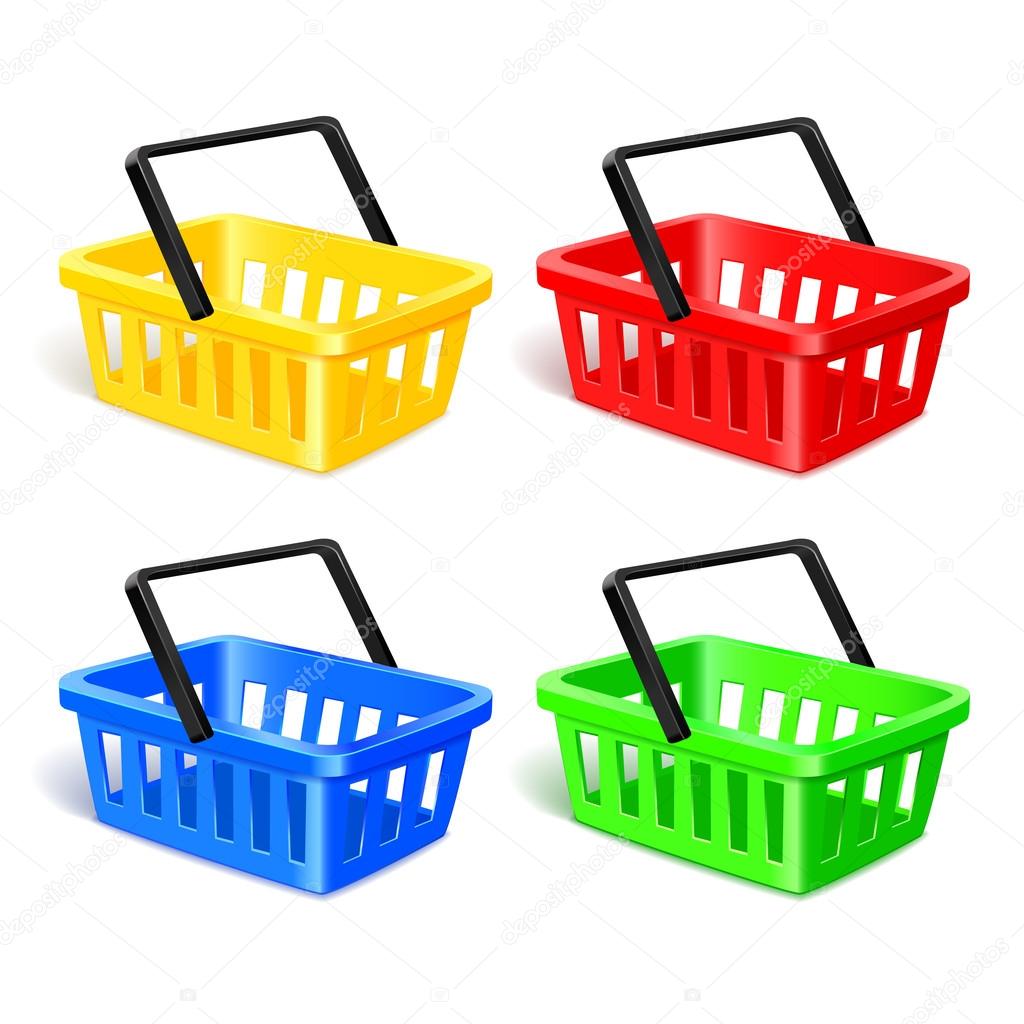 Set of four isolated modern photorealistic yellow, red, blue and green shopping basket icons on white background