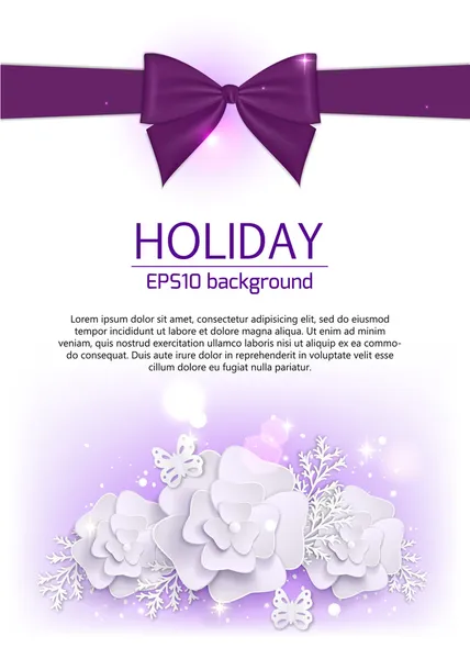 Holiday vertical floral holiday background with a bow, paper flowers, blurred bokeh lights and a place for text — Stock Vector