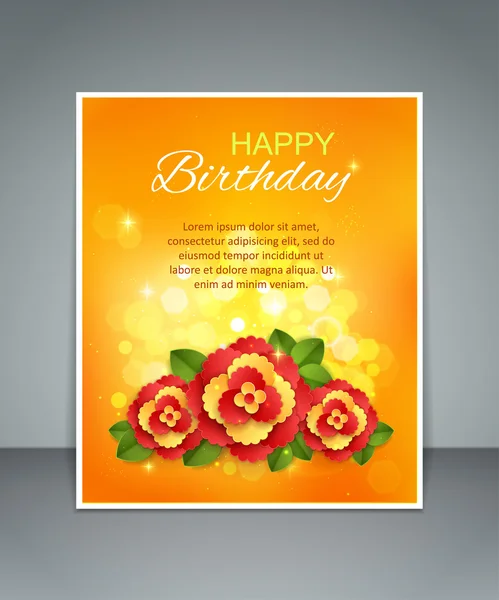 Födelsedag blommig holiday bakgrund med papper blommor, suddig bokeh ljus och en plats för text — Stock vektor