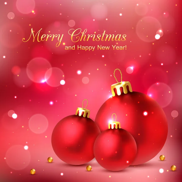 Elegante glimmered Kerstmis achtergrond met fotorealistische rode ballen en wazig bokeh lichten — Stockvector