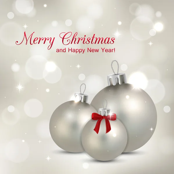 Elegante glimmered Kerstmis achtergrond met fotorealistische zilveren ballen en wazig bokeh lichten — Stockvector