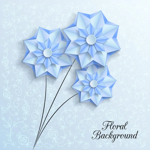 Sfondo romantico con fiori di carta blu 3d — Vettoriale Stock