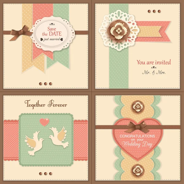 Set of four vintage wedding backgrounds with paper flowers — Stock Vector