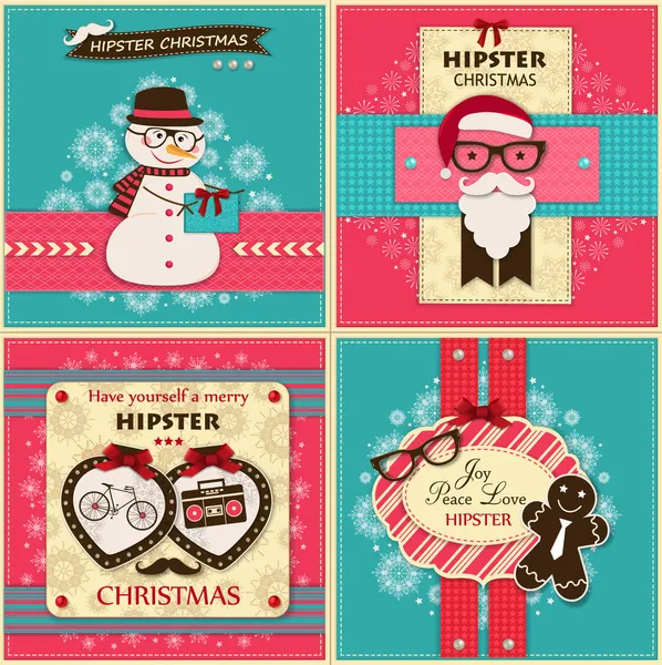 Set of four vintage Hipster christmas greeting cards with paper hipster icons — Stock Vector